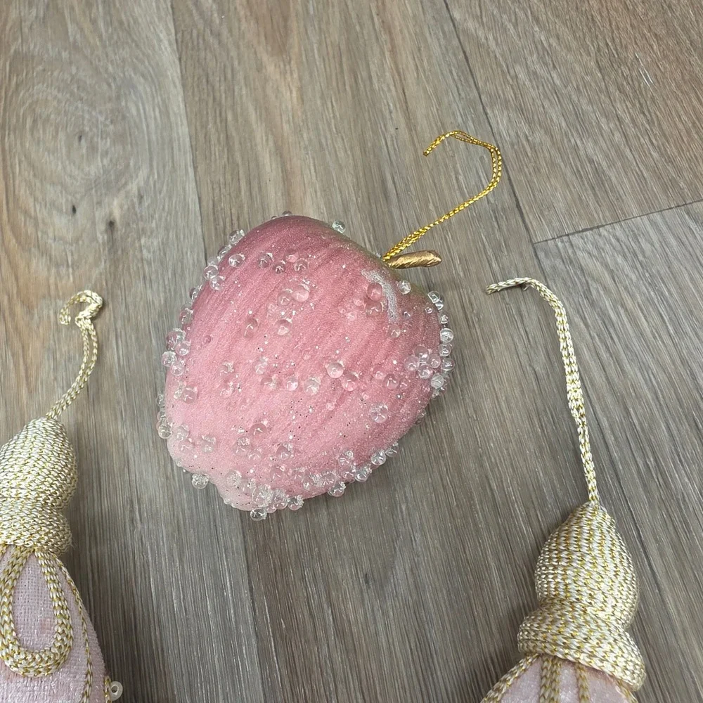 Vintage Pink Velvet Drop Snowman & Beaded Apple Christmas Ornaments Set of 4